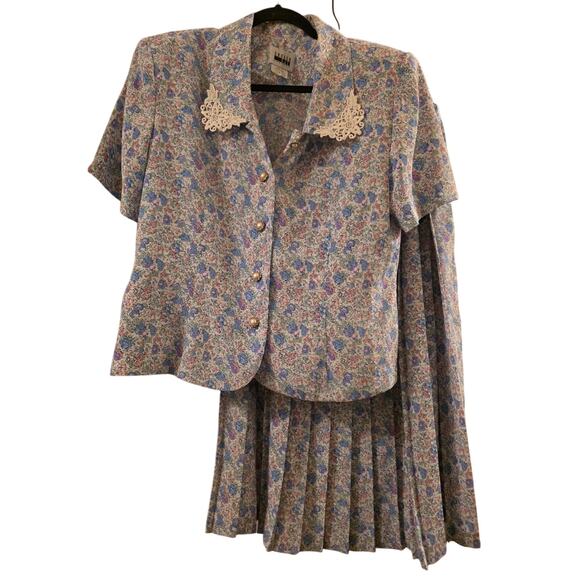 Vtg 80s Floral Print  Two Piece Skirt Set  Peter Pan Collar Ornate Buttons 16 - Picture 1 of 12